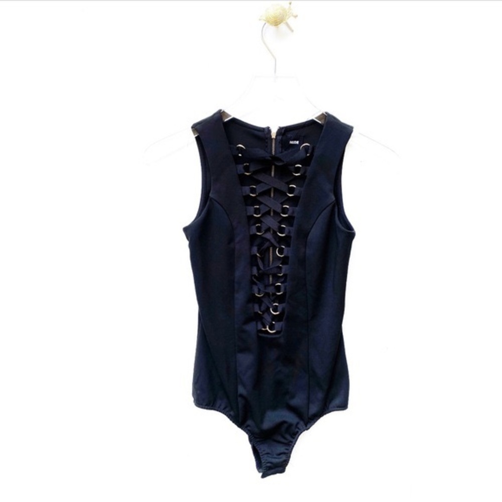 Black Lace Up Bodysuit Ft Gold Hardware